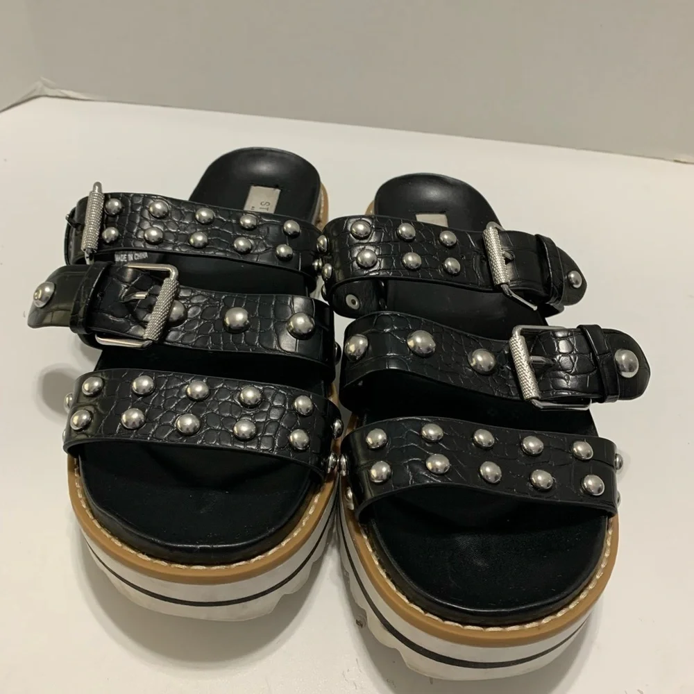 Steven Black Embossed Studded Platform Sandals